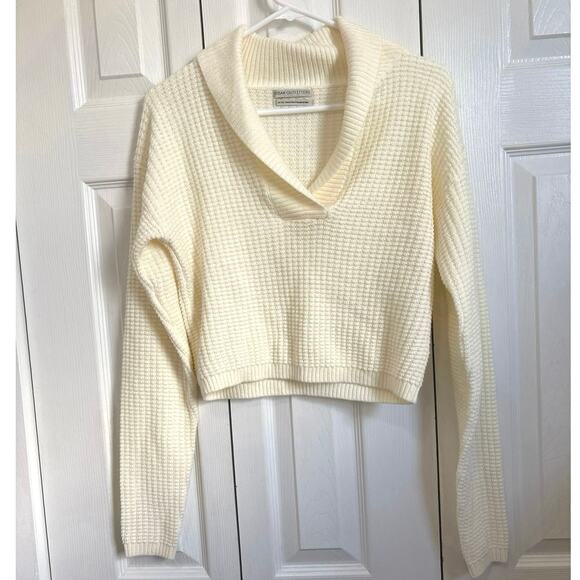 Urban Outfitters Soft Cream Waffle Knit Cropped Collared Top Medium - Picture 1 of 5
